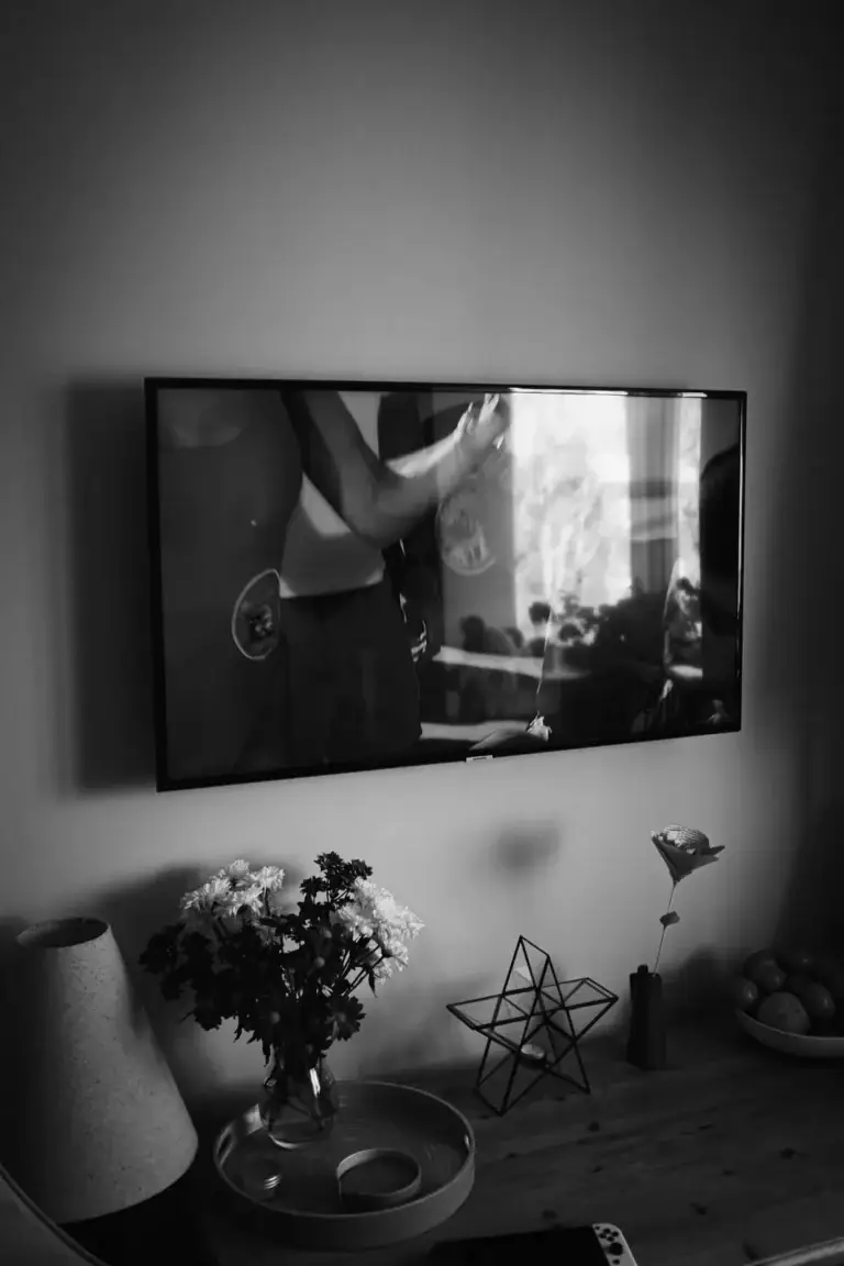 Black and white image of a TV screen showing a paused scene, with reflections of a living room including flowers and a decorative star