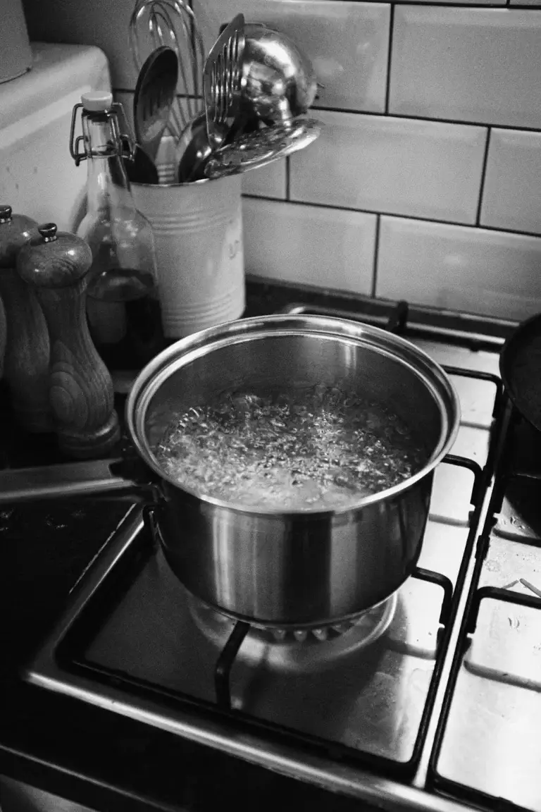 Black and white photo of a stainless steel pot boiling on a gas stove in a domestic kitchen