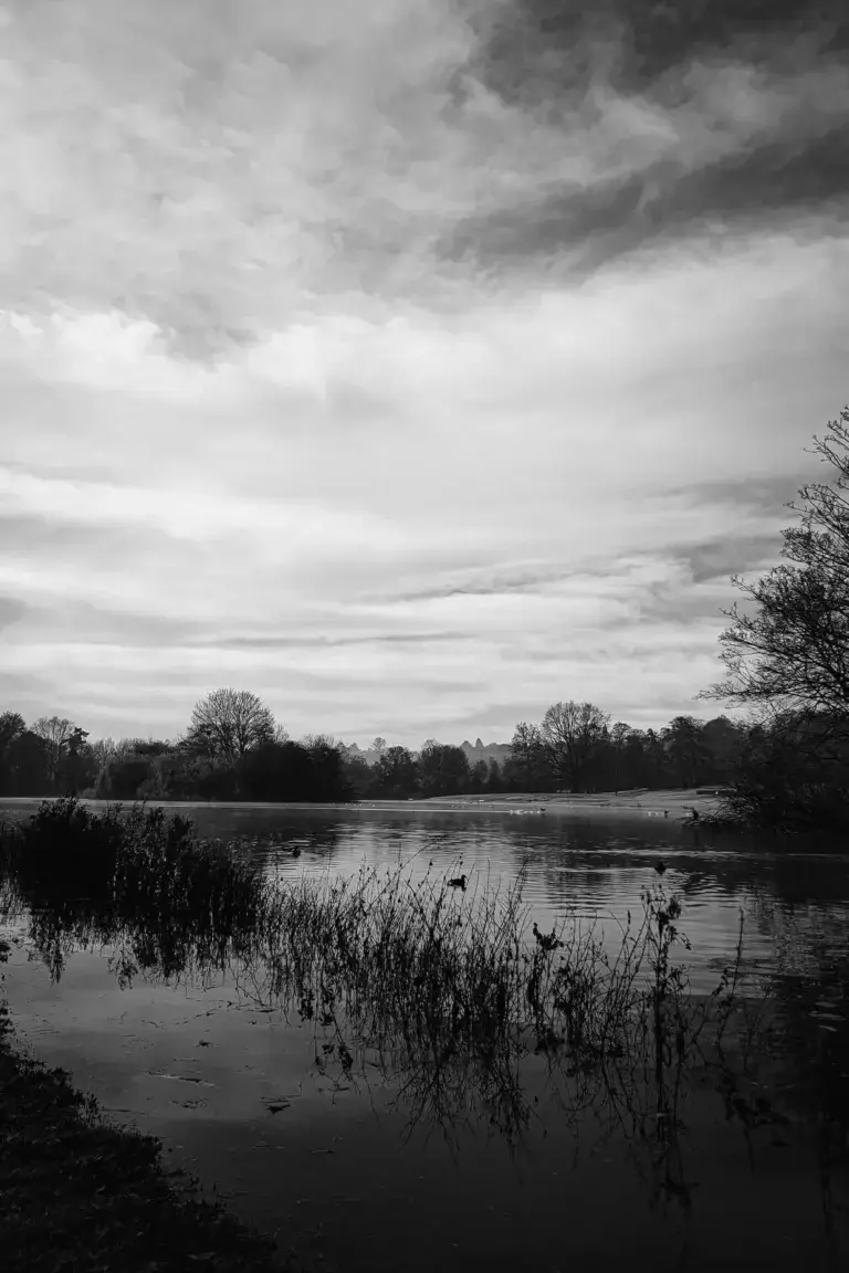 Black and white photograph of a calm lake with trees on the far bank and dramatic cloud cover above