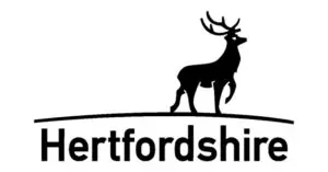 Black silhouette of a stag standing above the word "Hertfordshire"