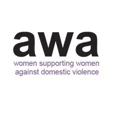 Logo with bold black lowercase letters "awa" above the phrase "women supporting women against domestic violence" in soft purple text
