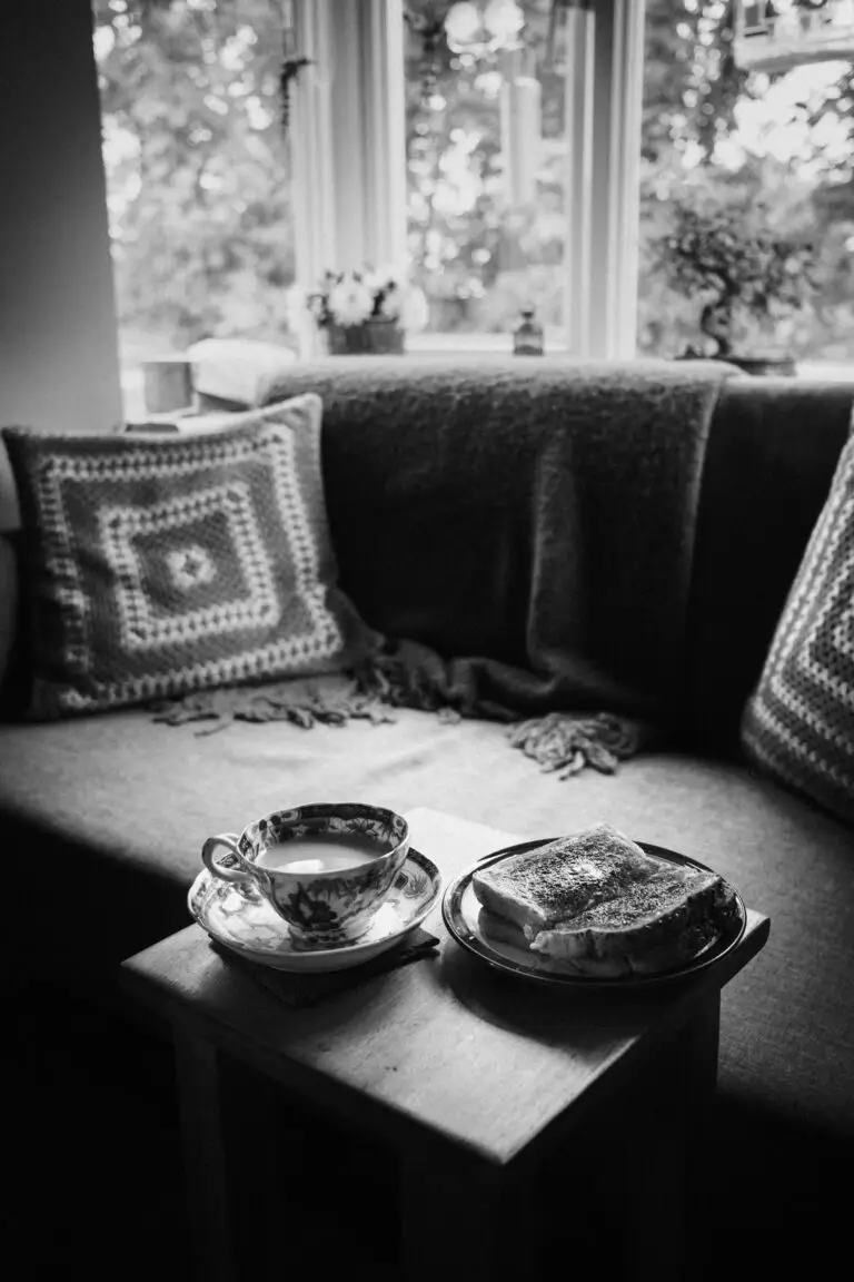 A black and white image of a cosy living room scene. A vintage teacup filled with tea and a plate with buttered toast rest on a small wooden table in front of a soft sofa with crocheted cushions and a blanket, beside a bright window.