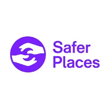 Logo of Safer Places charity, featuring two stylised hands forming a protective circle, in white on a purple background, with the text “Safer Places”.