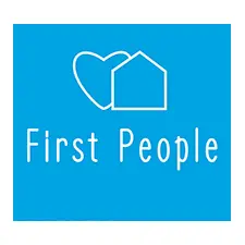 Blue logo for First People featuring a white heart and house outline with the words "First People" beneath