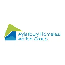 Logo of Aylesbury Homeless Action Group with a stylised house in blue and green, and text in blue.