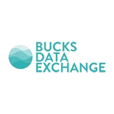 Logo of Bucks Data Exchange featuring layered blue-green wave shapes inside a circle, with the name written in bold capital letters
