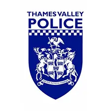 Thames Valley Police blue and white shield logo featuring a heraldic crest with a mounted figure and the motto "Sit Pax In Valle Tamesis" (Let there be peace in the Thames Valley).